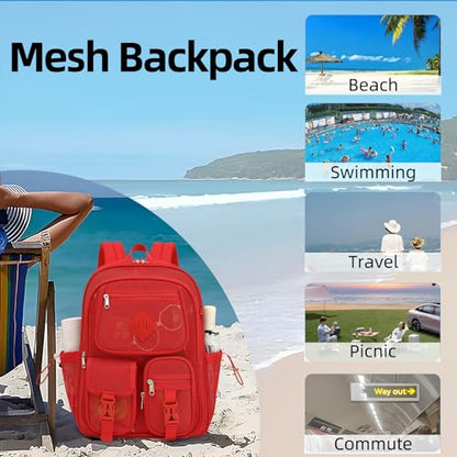 Mesh Backpack for Girls Boys, Women Mesh Bookbags Heavy Duty Semi-Transparent School Bag Net Back Pack for Travel, Beach, Swimming, Work - Red - color: Red