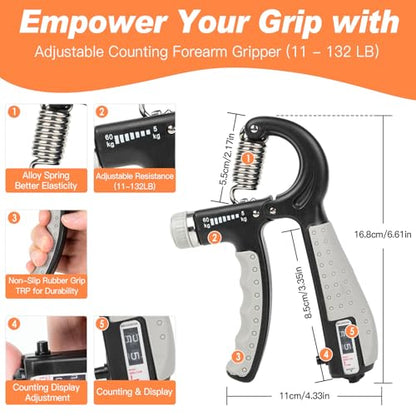 CYFIE Grip Strength Trainer Kit, Adjustable Hand Gripper Strengthener, Forearm Strengthener & Finger Exerciser Set with Finger Stretcher, Stress Ball & Grip Ring for Athletes, Rock Climbing & Rehab - color: BLUE & BLACK