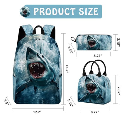 Shark 3PCS Backpack Set for Teens Elementary Middle High School, 17 Inch Lightweight Classic Bookpack 3 in 1 Set for Girls Boys, Kids Back to School Backpack with Lunch Box Pencil Case - color: Shark