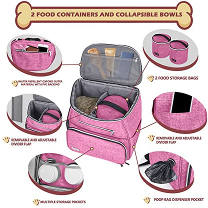 BAGLHER丨Dog Travel Bag Backpack, Airline Approved Pet Supplies Backpack, Dog Travel Bag with 2 Silicone Collapsible Bowls and 2 Food Baskets Pink - color: Pink