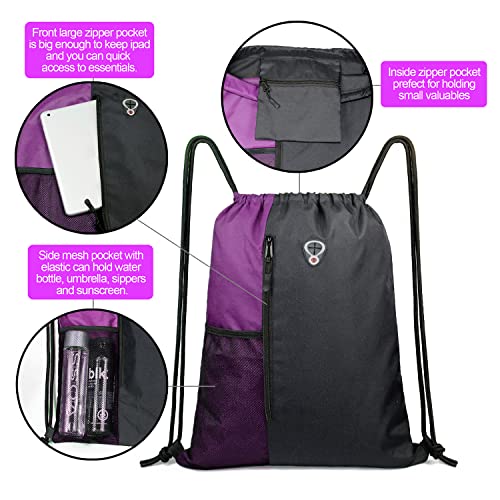 BeeGreen Purple Drawstring Backpack Sports Gym Bag for Women Men Large Cinch Sack workout Bag with Zipper and Water Bottle Mesh Pockets, 16 x 20 inch - color: Black/Purple, style: Drawstring With Mesh Pocket