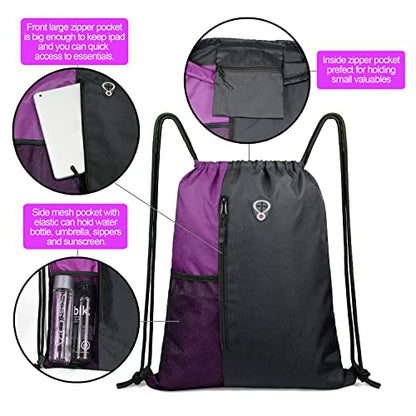 BeeGreen Purple Drawstring Backpack Sports Gym Bag for Women Men Large Cinch Sack workout Bag with Zipper and Water Bottle Mesh Pockets, 16 x 20 inch - color: Black/Purple, style: Drawstring With Mesh Pocket
