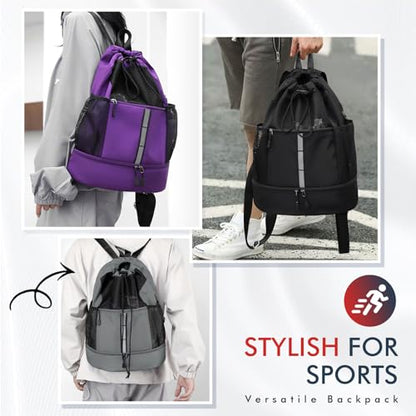 PinCute Drawstring Gym Bag for Men/Women - Mesh Beach Swim Bags Sports Backpack with Wet Pocket&Shoe Compartment, Lightweight - color: Dark Grey