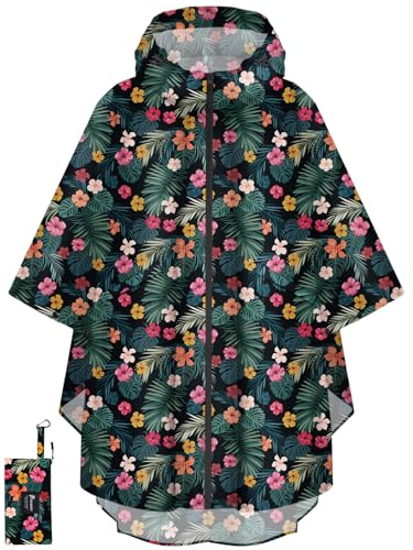 PTEROMY Hooded Rain Poncho for Adult with Pocket and Zipper, Waterproof Lightweight Raincoat for Men and Women - color: Blossom Season