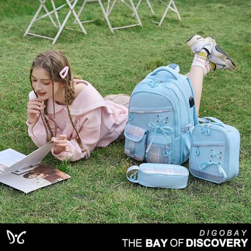 DIGOBAY Backpacks for Girls - 3PCS Girls Backpack with Lunch Box & Pencil Pouch Plaid School Backpacks for Elementary Middle High College School Bookbag for Teen Girl Kids Students Blue - color: Blueplaid