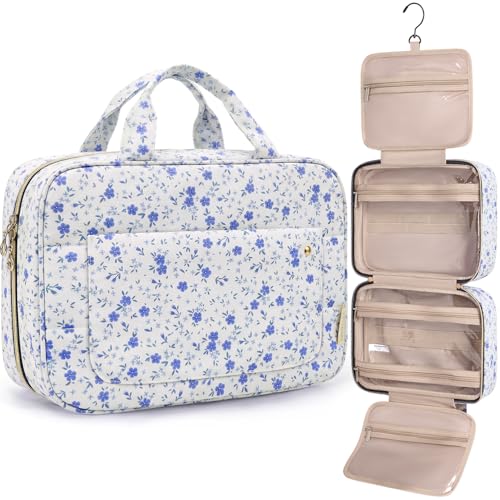 BAGSMART Toiletry Bag Travel Bag with Hanging Hook, Water-resistant Makeup Cosmetic Bag Travel Organizer for Accessories, Shampoo, Full-size Container, Toiletries (Blue Ditsy Floral, Medium - color: Blue Ditsy Floral, size: Medium