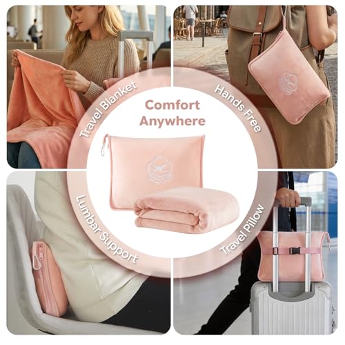 Travel Blanket, Soft 2-in-1 Airplane Blanket, 65x40 Inches, Travel Blanket Airplane Compact with Bag, Car Blanket with Luggage Sleeve & Backpack Clip (Peachy Pink) - color: Peachy Pink