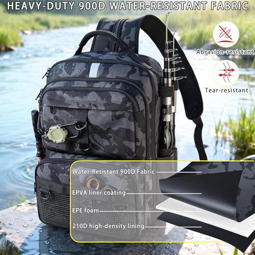 Fishing Backpack with Tackle Boxes and Rod Holder, 24L Fishing Sling Bag with Fishing Lures Kit, Fishing Gear Bag Gifts for Men Women - Black Camo Backpack - color: Black Camo Backpack
