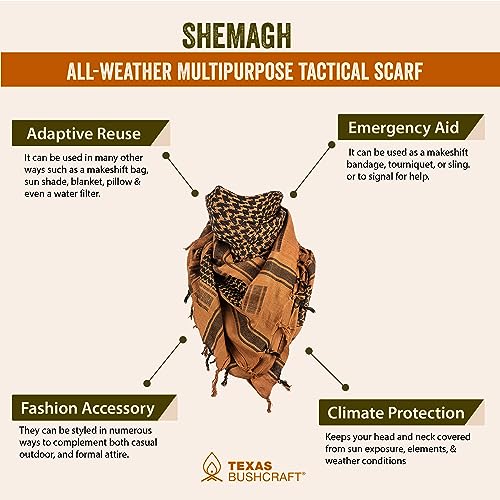 Texas Bushcraft Tactical Shemagh - Authentic Keffiyeh 100% Cotton for your Camping, Hiking and Backpacking Gear - color: Coyote Brown
