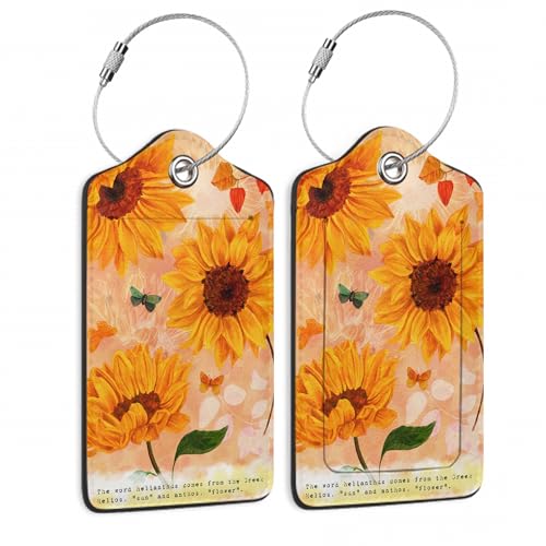 Sunflowers Luggage Tags Set of 2 Butterfly Retro Leather Suitcase Tags with Stainless Steel Loop and Privacy Cover for Women Men Travel Luggage Accessories - color: Sunflowers Butterfly Leaves Retro