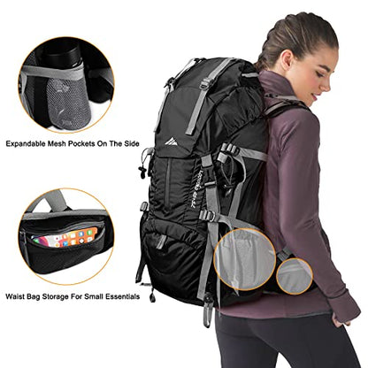 Loowoko 50L Hiking Backpack, Waterproof Camping Essentials Bag with Rain Cover, 45+5 Liter Lightweight Backpacking Back Pack - color: Black