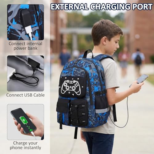School Backpack for Boys - Gamer Boys Backpacks for Kids Teens Elementary Middle High School,18″ Large Capacity Students Bookbag with Usb Charging Port - color: Game001-only