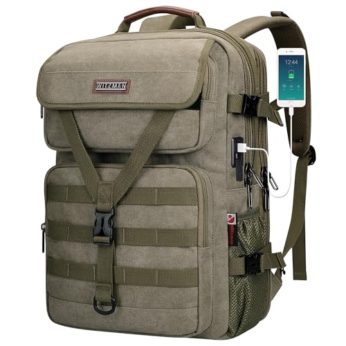 WITZMAN Travel Backpack for Men Large Canvas Laptop Backpack Fit 16 inch Carry on TSA Friendly Flight Approved Vintage Rucksack for Traveling(A8012 Army Green) - color: Army Green