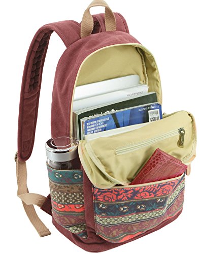 Kinmac Canvas Backpack with Massage Cushioned Straps,Travel Outdoor Backpack (Wine-Bohemian) - color: Wine-bohemian