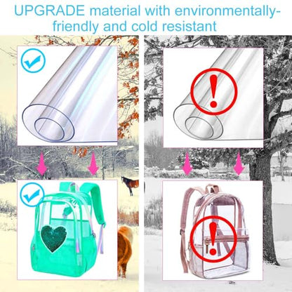 gxtvo 3PCS See Through Backpack Heavy-Duty Set for Women & Teen Girls, 17" Clear Bookbag with Rainbow Strap, Green Sequins Transparent School Bag - color: Green Sequins Clear Backpack Set