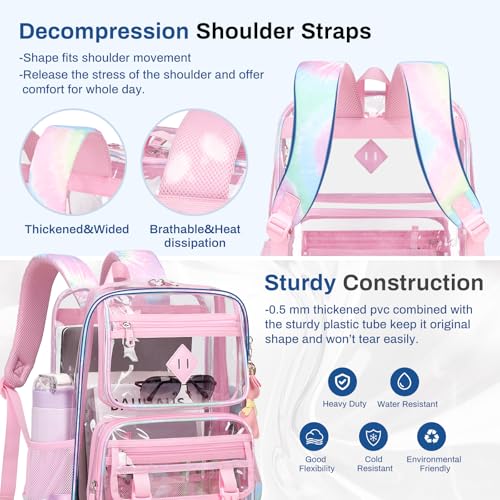 Sisipoet Clear Backpack for School, PVC Clear Bookbag Heavy Duty Transparent Backpack for Stadium Events See Through Bag - color: Pink Tie-dye