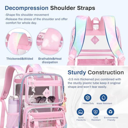 Sisipoet Clear Backpack for School, PVC Clear Bookbag Heavy Duty Transparent Backpack for Stadium Events See Through Bag - color: Pink Tie-dye