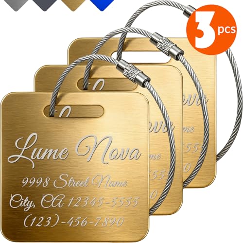 3PCS Personalized Engraved Aluminum Luggage Tags 2x2 Inch, Gold Custom Metal Travel ID Tags for Suitcase Backpack Bag Luggage Identifiers - color: Gold