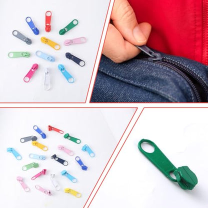 100 PCS Metal Zipper Slider Replacement, #3 Universal Zipper Repair Kit (12 Colors) Replacement Slider Zippers Pull Rescue Kit for Clothing Jackets, Coats, Backpacks
