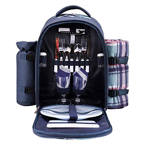Apollo Walker Picnic Backpack Bag for 2 Person with Cooler Compartment, Detachable Bottle/Wine Holder, Fleece Blanket, Plates and Cutlery (Blue) - color: Blue, size: 2 Person