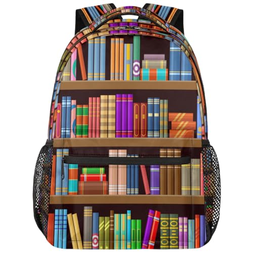 Bookshelf Book Backpack with Chest Strap, Casual Backpack for Women Men, 16 Inch Daypack for Travel Work, Library Book - color: Red