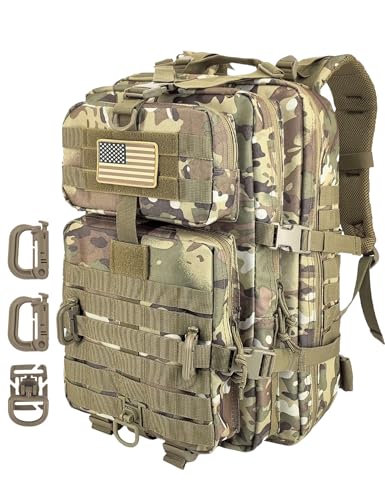 Hannibal Tactical MOLLE Assault Backpack, Tactical Backpack Military Army Camping Rucksack, 3-Day Pack Trip w/USA Flag Patch, D-Rings, Cp - color: Cp