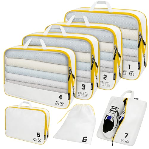 7 Set Compression Packing Cubes for Travel, Luggage Organizer Bags for Suitcases with Mesh Panels, Shoe Bag & Toiletry Bag for Carry On, Vacation & Cruise Essentials (White) - color: White