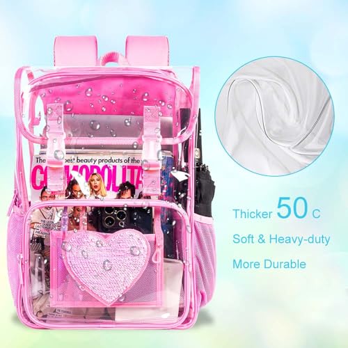 3PCS Pink Clear Backpack, Heavy Duty Transparent Bookbag for Girls Women, Stadium Approved See Through Backpack Set (Pink Sequins) - color: Pink Sequin