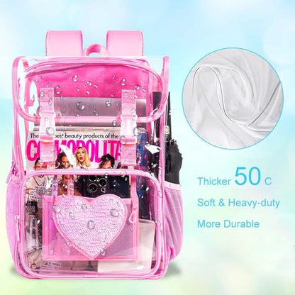 3PCS Pink Clear Backpack, Heavy Duty Transparent Bookbag for Girls Women, Stadium Approved See Through Backpack Set (Pink Sequins) - color: Pink Sequin