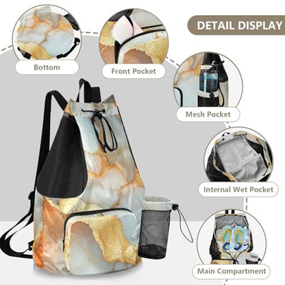 Drawstring Beach Bags Pool Bag With Pockets Pull String Back Pack Waterproof Marble White Orange - color: Color 24