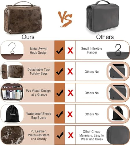 Elviros Hanging Toiletry Bag Removable Travel Bag PU leather Makeup Cosmetic Organizer Kit, Coffee - color: Coffee