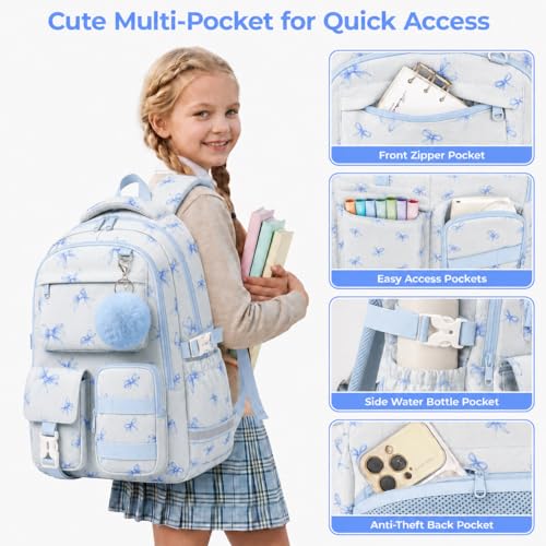 WOBAGMEN Cute Bow Backpack for Teen Girls, Large Capacity Multi-Pocket School Bag Fits 15.6" Laptop, Lightweight Durable Daypack for School and Travel (Blue Bow, M) - color: Blue Bow