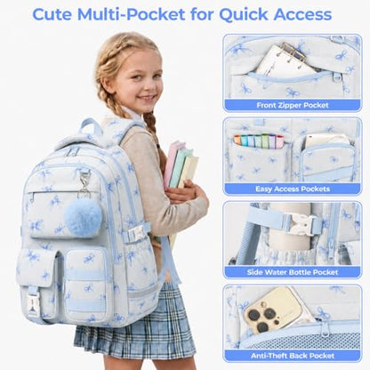 WOBAGMEN Cute Bow Backpack for Teen Girls, Large Capacity Multi-Pocket School Bag Fits 15.6" Laptop, Lightweight Durable Daypack for School and Travel (Blue Bow, M) - color: Blue Bow