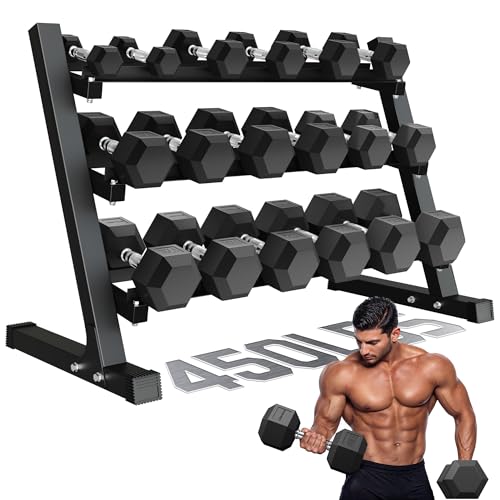 Dumbbell Sets with Rack, Rubber Hex Dumbbells, 160/220/280/360/450/550LBS, Hand Weights with Chrome Handle for Strength Training - color: 450lbs with Rack