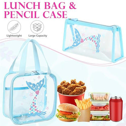 AO ALI VICTORY Clear Backpack for Boys Girls,15.6 Inch Kids Clear Backpack Set with Lunch Bag Pencil Case PVC Elementary Bookbag School Student See Through Transparent Travel Back Pack, Blue Mermaid - color: Blue Mermaid 3pcs