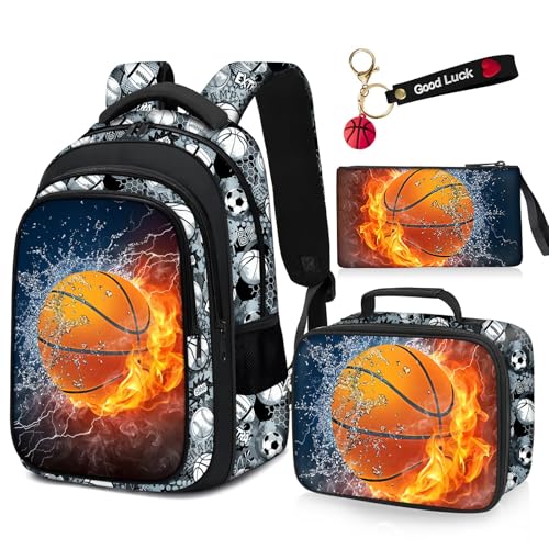 School Backpack for Boys - 4pcs Basketball Boys Backpack with Lunch Box Set for Kids Children Teens Elementary Middle School - 17″ Sport Bookbag Travel Back Pack for Age 6-18 - color: Basketball Backpack01 Set