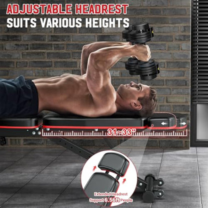 XDDIAS Workout Bench, Adjustable Weight Bench with Leg Extension and Leg Curl, Extended Headrest, 900LBS Preacher Curl Bench Incline Decline Flat Workout Bench for Home Gym Full Body Exercise - color: Glossy+a pair of 55LB Dumbbells