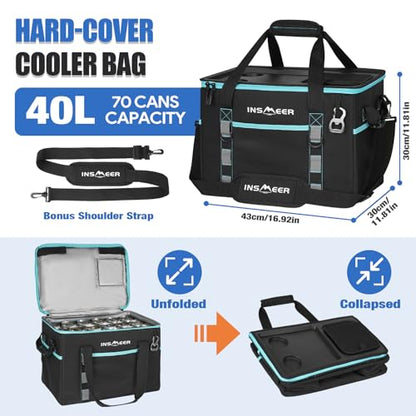 INSMEER Soft Cooler Bag with Hard Shell & 2 Cup Holders, Portable 40L/70 Cans Collapsible Cooler Bags Insulated with Leakproof for Travel, ice chests and Cooler Lunch Box for Beach Camping Picnic - color: Black