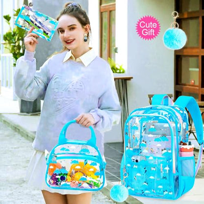 gxtvo 3PCS Clear Backpack Heavy-Duty Set for Women & Teen Girls, 17" Sky Blue Transparent Bookbag with Rainbow Strap, Cute Cloud Cat See Through School Bag - color: Sky Blue Cloud Cat Clear Backpack Set