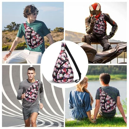 HUA ANGEL Crossbody Sling Bag for Men & Women Lightweight Waterproof Chest Shoulder Bag for Travel Hiking & Everyday Use - color: W-red Purple Flower