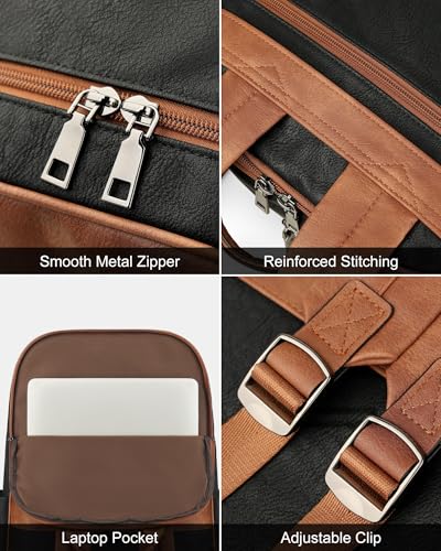 MASINTOR 15.6 inch Leather Laptop Backpack Purse for Women, Designer Travel and Work Bag with Laptop Compartment Black Brown - color: Black Brown