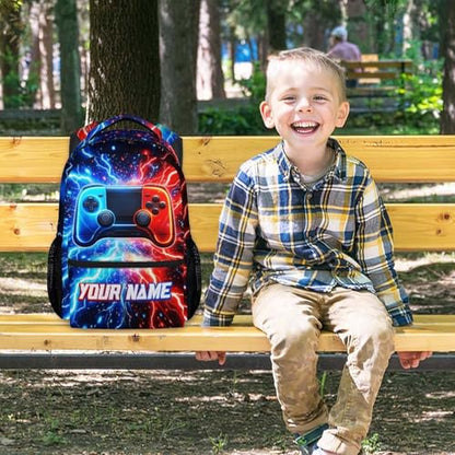 Custom Gamer Backpack for Boys - Personalized 17 Inch Kids Toddlers Bookbag, Lightweight Large Capacity Schoolbag for School Travel Camping - color: Gold