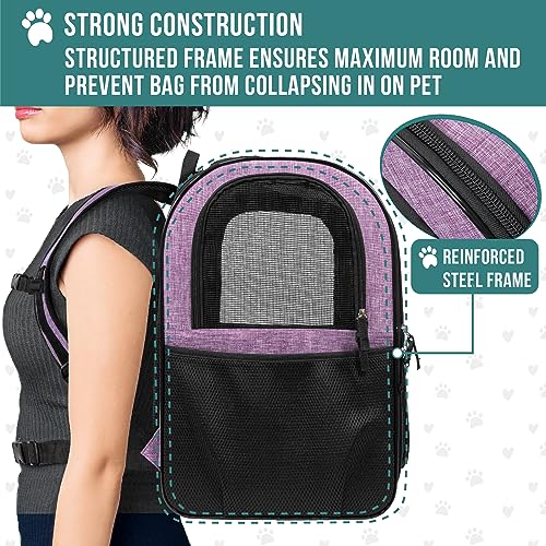 PetAmi Dog Backpack Carrier for Cats and Small Dogs, 4-Way Entry Ventilated Mesh Pet Carrier for Hiking Travel, Foldable Top with Sherpa Bed, Reflective and Poop Bag Dispenser, Up to 18 lbs, Purple - color: Purple