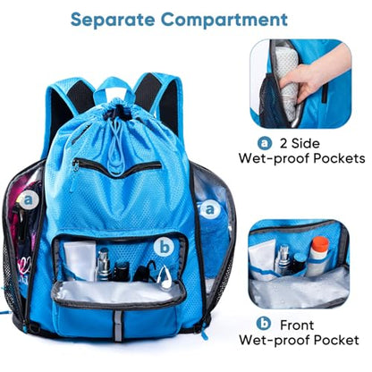 Large Beach Backpack w/Shoe Compartment &Detachable Ball Mesh Bag - color: Blue