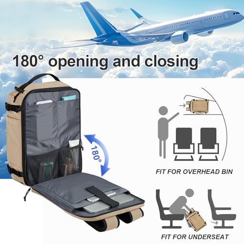 Carry On Travel Backpack with Shoe Compartment Flight Approved Laptop Backpack Expandable Work Business Backpack for Women Men Casual Daypack, Khaki - color: Khaki, style: A