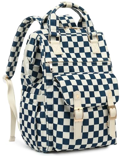 Laptop Backpacks for Women, Corduroy High School College Bookbag 15.6 Inch Laptop Bags for Girls Travel Daypack - Checkered Navy Blue - color: Checkered Navy Blue