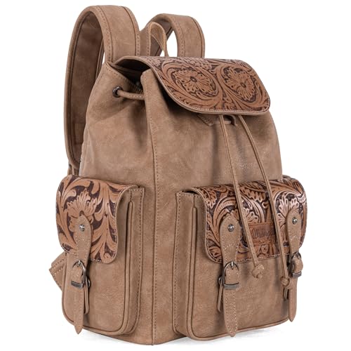 Montana West Wrangler Backpack Purse for Women Men Western Backpack Floral Tooled Travel Bags - color: Carve Khaki