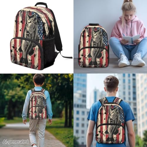 School Backpack Set with Lunch Box Pencil Case 3 In 1 American Flag Fish School Bag Bookbag for Boys Girls Lager Capacity Student Daypack - color: American Flag Fish