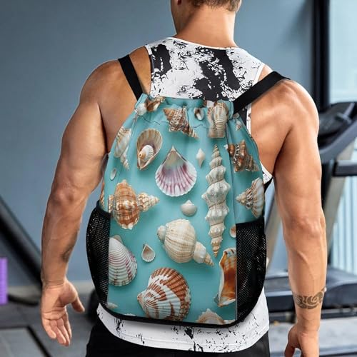 Drawstring Gym Backpack with Shoe Compartment And Wet Pocket, 28L Lightweight Waterproof Various Shell Patterns Sports Backpack for Workout Swim Beach Travel String Bag for Men Women