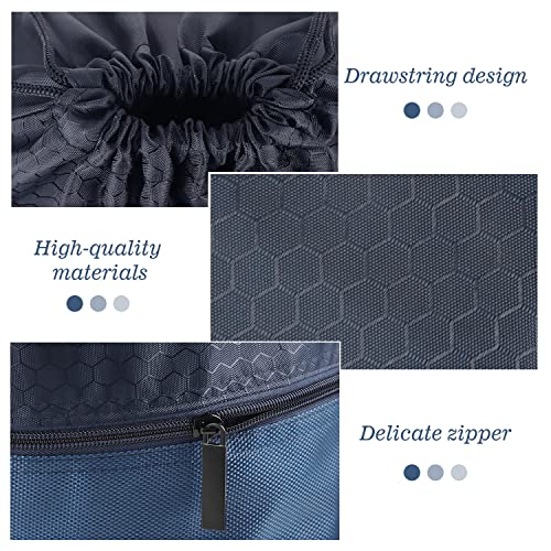 Drawstring Backpack Bag, Waterproof Draw String Back Sack with Zip Pocket, Gym Drawstring Bags Swim Bag for Men Women - color: Navy Blue, Upgraded